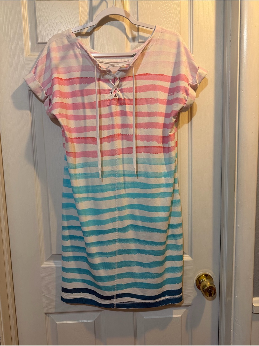 T For Talbots Large Ombré Watercolor Stripe Modal French Terry Lace-Up Dress
